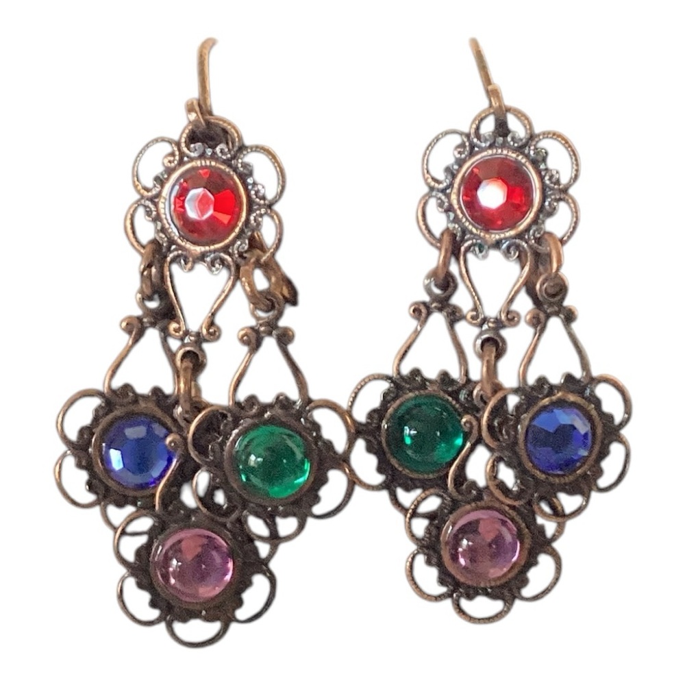 1928 Copper Tone Open Weave Chandelier Earrings Multicolor Rhinestones Vintage - Picture 6 of 8